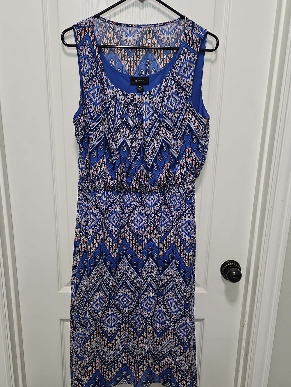 Blue and White Sleeveless Printed Maxi Dress